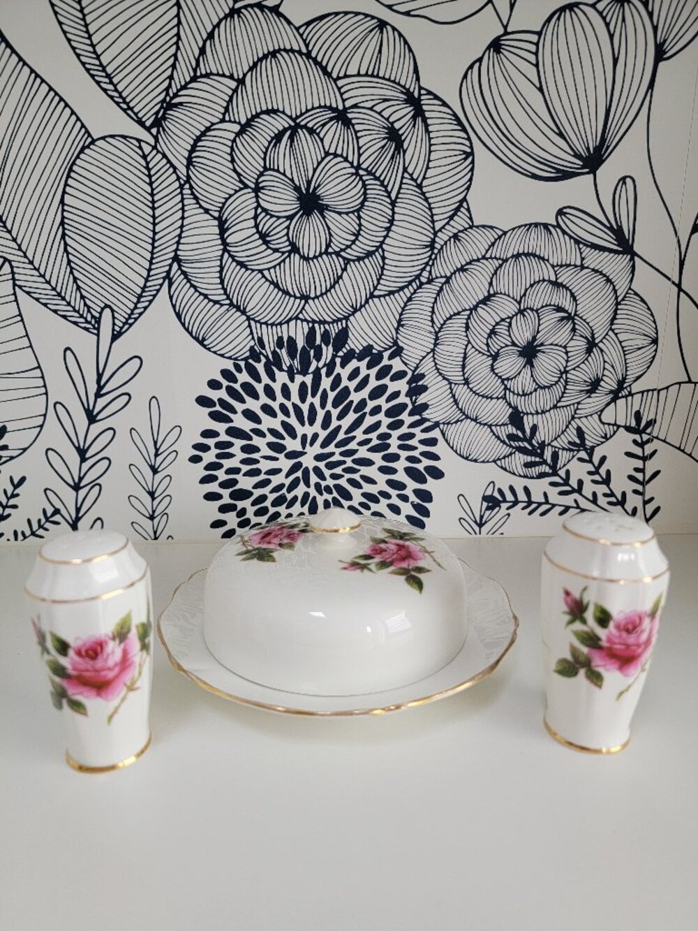 Northumbria Carleton Rose covered butter dish, salt & pepper shakers, England